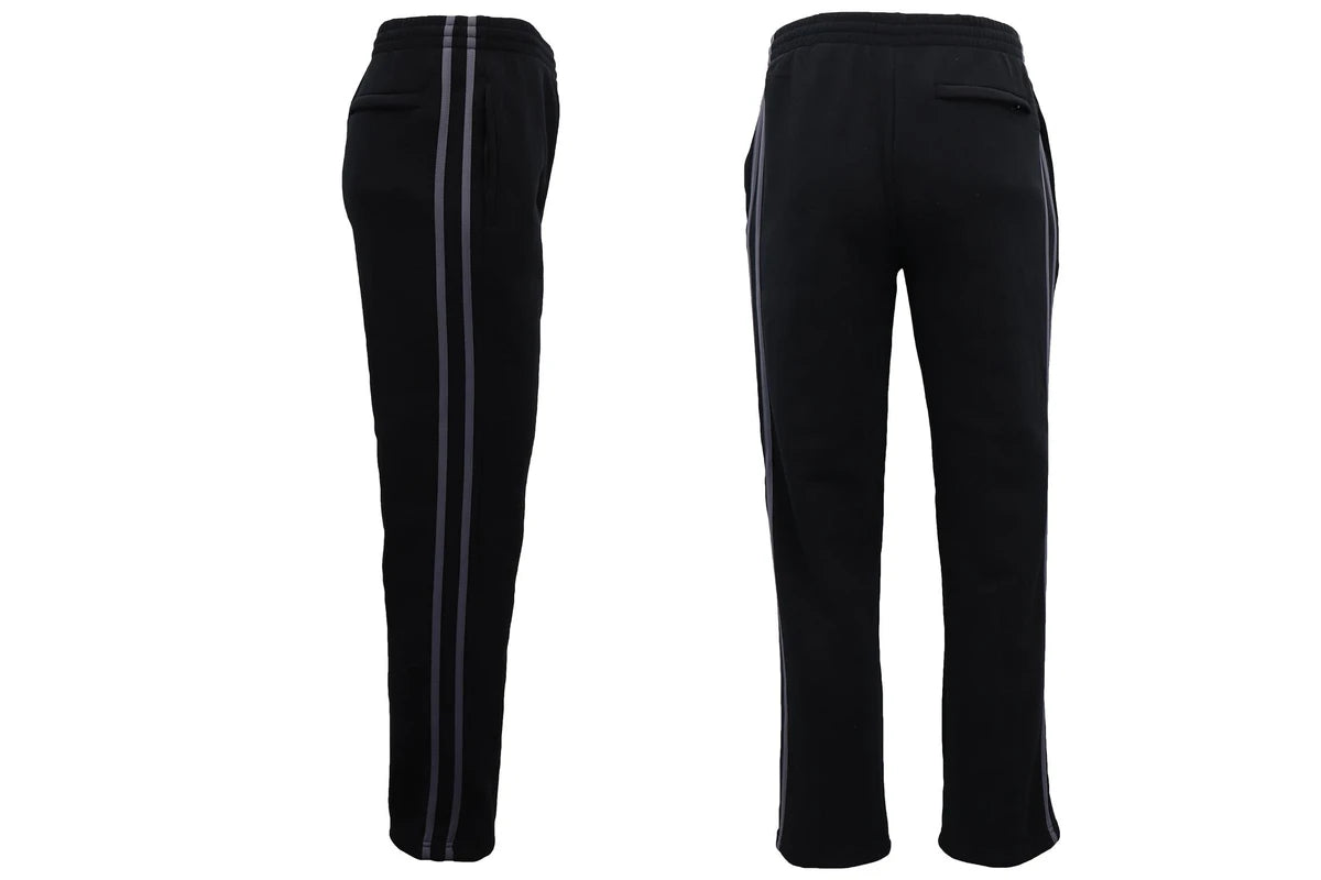 Men's Fleece Striped Track Pants w Zip Pockets Drawstring Sports Sweat Trousers - Black w Grey Stripes, S