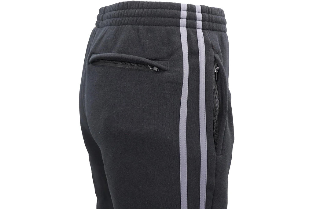Men's Fleece Striped Track Pants w Zip Pockets Drawstring Sports Sweat Trousers - Black w Grey Stripes, S