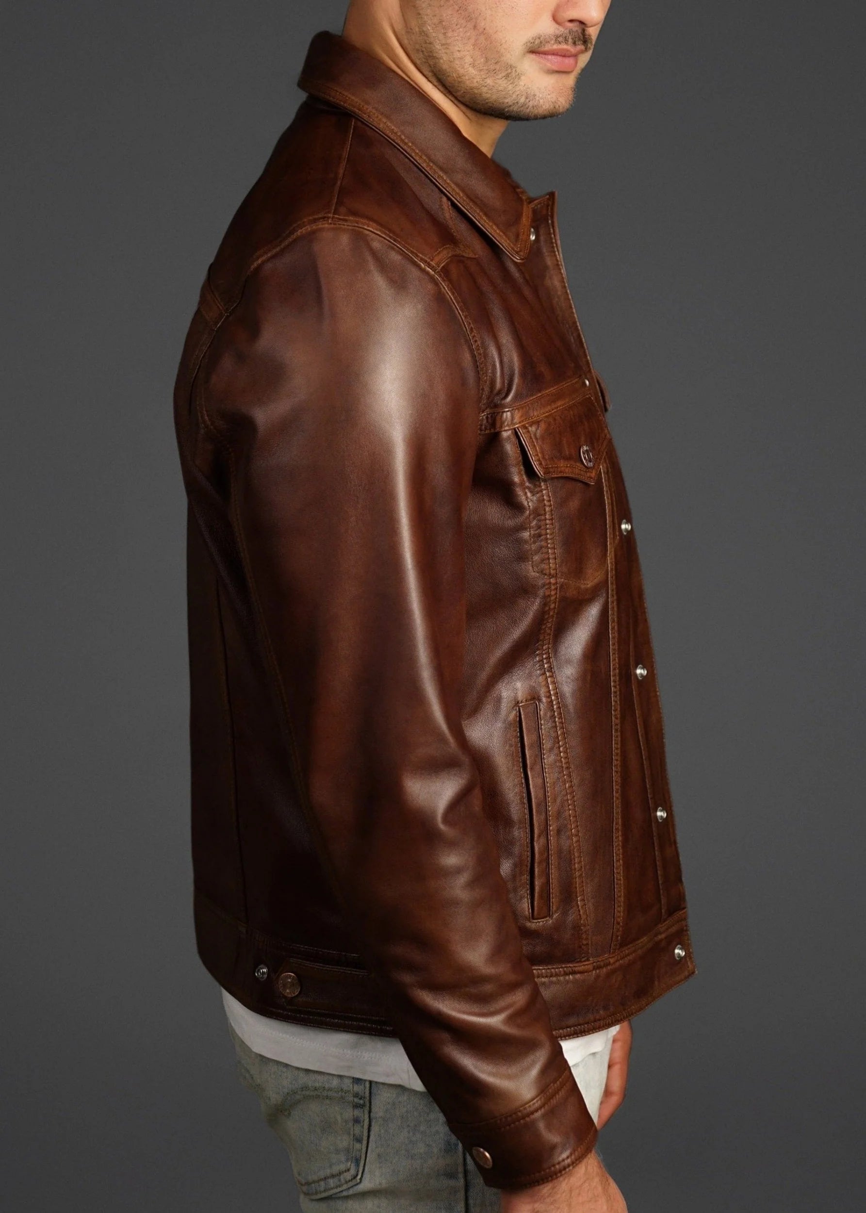 brown leather jacket