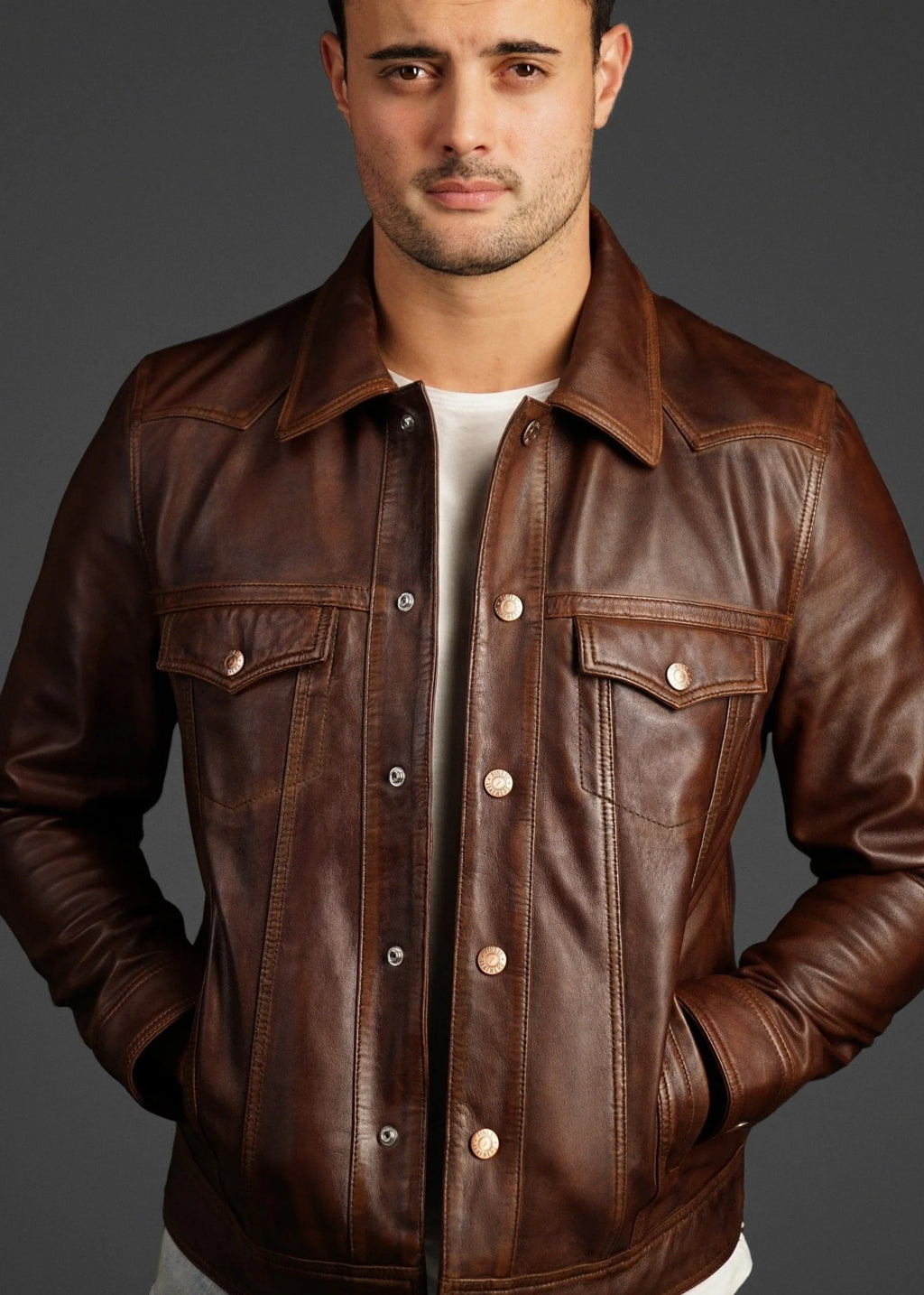 brown leather jacket