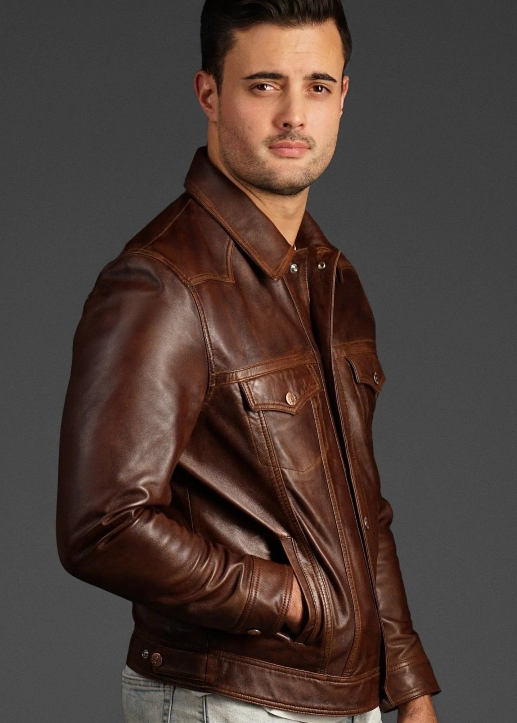 brown leather jacket